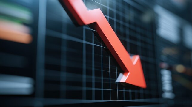 3D render of a downward red arrow trend on a digital financial market chart