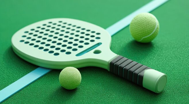 A vibrant, close-up shot showcases a light green paddle and two textured balls arranged on a bright green surface with a blue stripe, evoking a sense of sporty leisure.