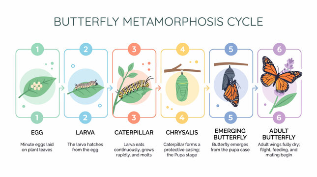 Detailed Butterfly Growth Process Diagram in Minimal Flat Design Featuring Full Transformation Stages for Biology Education Visual Resource with Isolated Elements on White Background