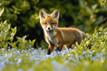 Fototapeta premium curious young red fox standing in a meadow of small blue wildflowers surrounded by green foliage in warm soft sunlight
