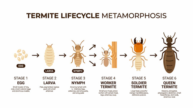 Detailed Termite Growth Process Infographic Featuring Lifecycle Transformation in Minimal Flat Design with White Background Ideal for Construction and Pest Awareness Use