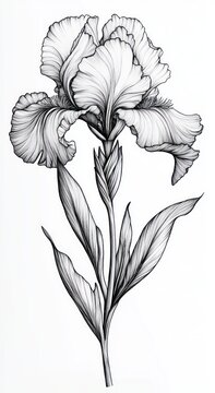 Monochrome botanical illustration of a single ruffled iris with tall stem, elongated leaves and a bud, delicate elegant serene linework