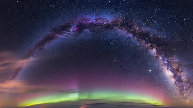 milkyway arch over starry night sky above desert landscape