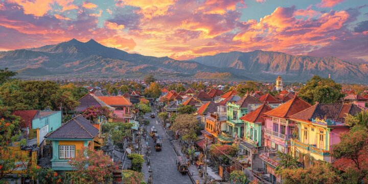 A vibrant, colorful town nestled in a valley is bathed in the warm glow of a stunning sunset, showcasing a picturesque landscape with rolling mountains in the distance.