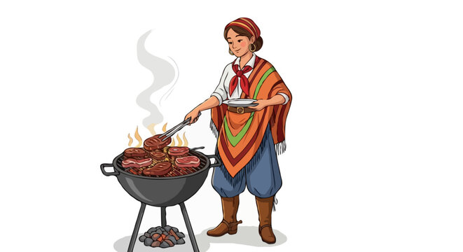 mulher ga&uacute;cha assando churrasco na brasa tradi&ccedil;&atilde;o sulista isolado fundo branco