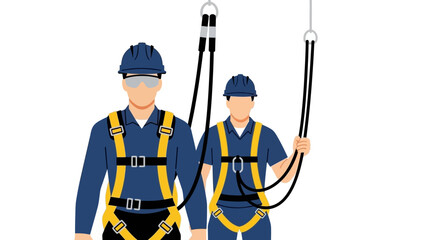 Fototapeta premium Construction safety: workers in harnesses with helmets and ropes
