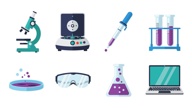Science lab equipment icons collection featuring microscopes, test tubes, and more in modern flat design