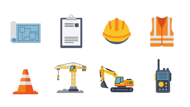 Construction tools and safety gear icons set for engineering and building projects