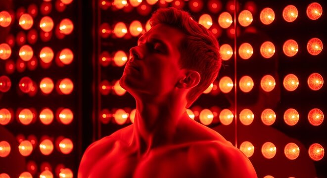 Athletic man with closed eyes, with vibrant red light therapy panels , standing in profile, wellness center, health photography