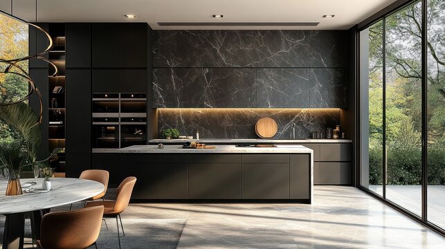sleek modern dark kitchen with marble island, backlit stone backsplash, floor-to-ceiling glass windows overlooking a garden, round dining table and warm chairs evoking serene luxury