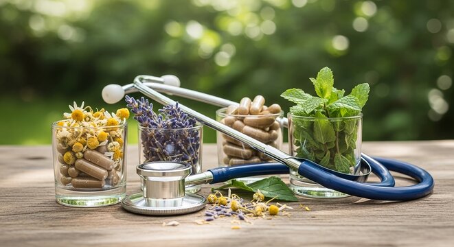 Integrative medicine stethoscope with dried herbs and herbal capsules, on wooden table, alternative therapy and natural remedy for body wellness