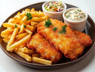 Fototapeta premium Hearty plate of golden battered fish with crispy fries, creamy tartar sauce and crunchy coleslaw garnished with fresh parsley, warm and appetizing comfort meal