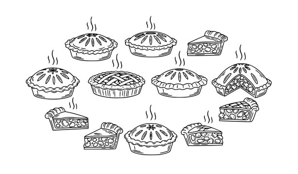 Black and white apple pie line art vector set with steaming pies and slices for bakery menu design