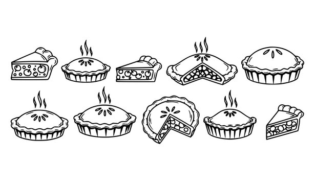 Minimal apple pie line icons set with steaming slices black and white vector for bakery branding