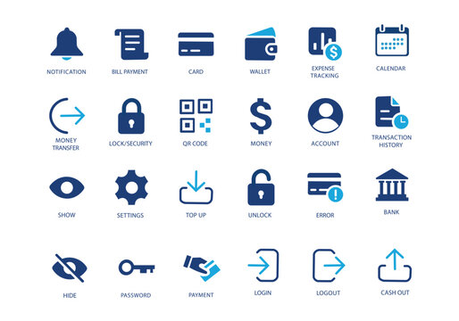Finance app icon collection featuring top up, cash out, wallet, payment, money transfer and transaction history symbols. Solid vector icons.