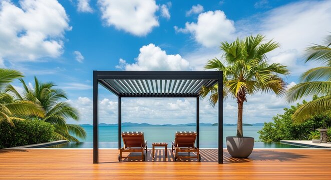 Luxury poolside cabana with lounge chairs overlooking turquoise ocean during a sunny day