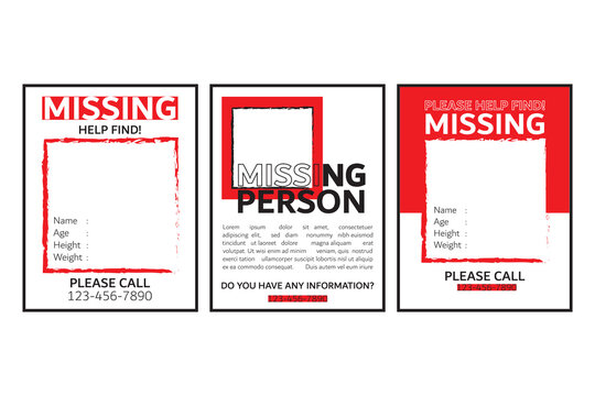 Set of missing person posters in red style with warning information. Wanted poster template