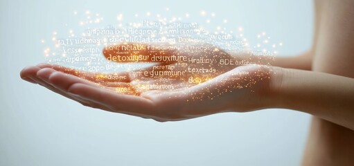 Fototapeta premium cupped human hands holding glowing swirling particles and floating translucent text, soft light evoking wonder, calm and futuristic healing energy