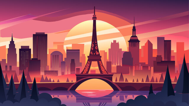 Silhouette of city skyline with eiffel tower at sunset