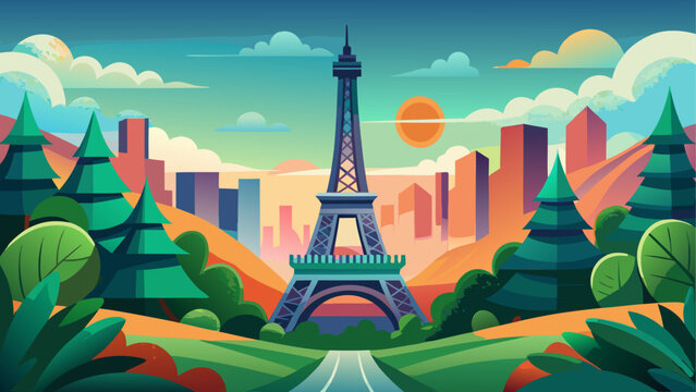 Colorful illustration of the eiffel tower at sunset with hot air balloons