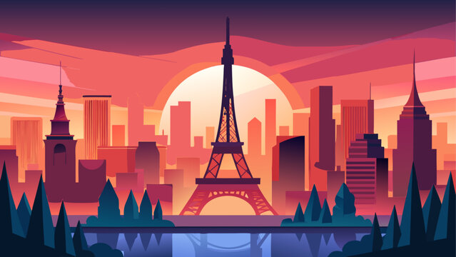 Eiffel tower and paris landmarks in a row of colorful icons