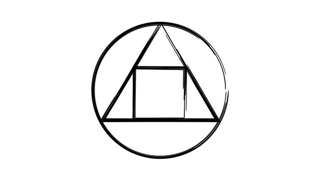 Minimalist Alchemy Symbol Vector Icon Illustration: Hand-drawn black line drawing of the philosopher's stone with circle, triangle, and square shapes on white, ideal for esoteric and mystical designs.
