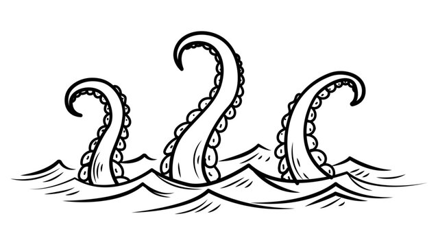 Kraken tentacles emerging from sea waves, minimalist black line vector illustration. Hand-drawn octopus arms rising from ocean water, mythical sea monster icon, scalable SVG graphic element.
