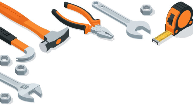 Assorted 3d isometric tools with wrench, hammer, and pliers on white background