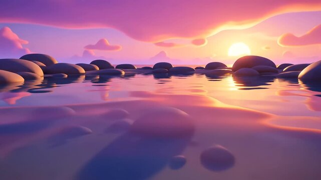 Cartoon-style shoreline with reflective tide pools and colorful sunset sky, featuring gentle water motion and soft glowing gradients in a calm beach setting
