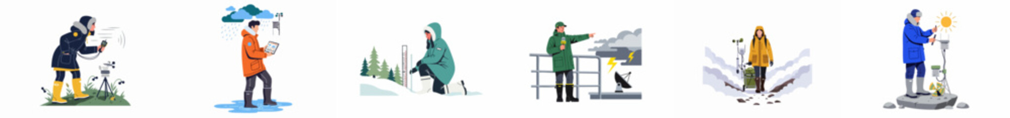 Set of flat vector illustrations featuring meteorologists and scientists performing weather monitoring, field research, and reporting in various environmental conditions. © Nurdayatt