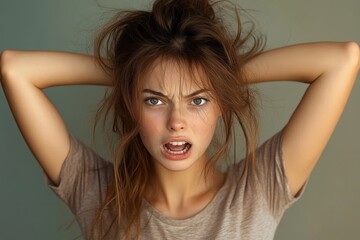 Fototapeta premium person with tousled hair and arms behind head wearing gray t-shirt, relaxed confident casual portrait against muted background