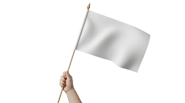 Hand holding white flag on a stick isolated on white background symbolizing peace or surrender