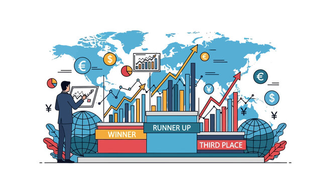 Businessman analyzing financial data with charts and world map background