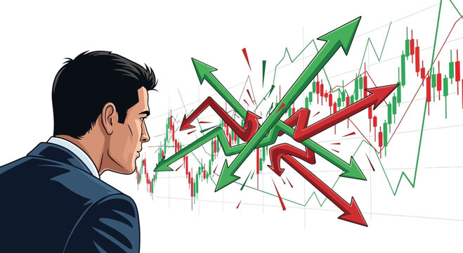 Businessman analyzing financial growth charts with upward and downward arrows