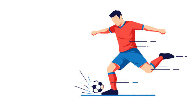 Dynamic flat design illustration of a male soccer player mid-action, powerfully kicking a soccer ball with energy and speed, perfect for sports marketing and digital content