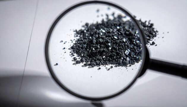 A close-up view of tiny, dark, crystalline boron powder scattered across a magnifying glass, revealing the intricate details and texture of this essential element in a scientific setting.