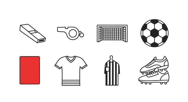 Vector set of essential items for a football match, featuring a soccer ball, goal, whistle, red card, player jersey, and athletic cleats, perfect for sports graphics