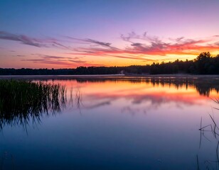 Fototapeta premium Stunning twilight vista reveals a calm lake mirroring the fiery hues of a colorful sky. Silhouetted trees line the water's edge
