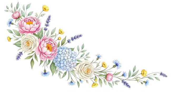 Watercolor floral bouquet with peonies, roses, hydrangea, and lavender isolated on white