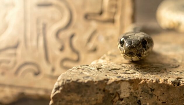 Close up of a snake observing camera on a stone surface