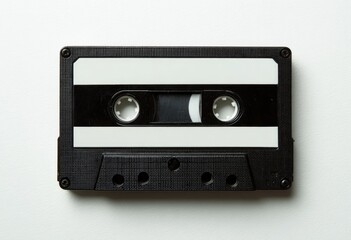 Naklejka premium A solitary audio cassette tape rests against a plain white background, evoking nostalgia for analog music formats.