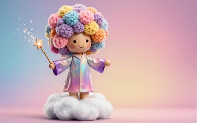 Fototapeta premium Cute doll with colorful yarn hair holding magic wand on fluffy cloud.