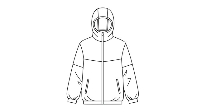 Minimalist line drawing of a windbreaker jacket with a hood, showcasing front view design details and simple outlines on a white background