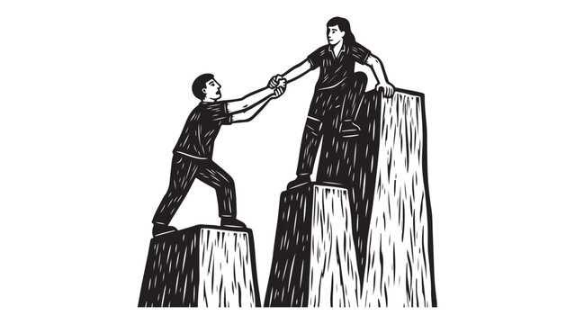 Black and white illustration of two people helping each other climb up a cliff or wall with a white background