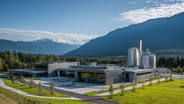 Modern industrial facility with silos and large windows set against mountains