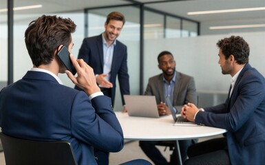 Fototapeta premium Business meeting in modern office man on phone while colleagues