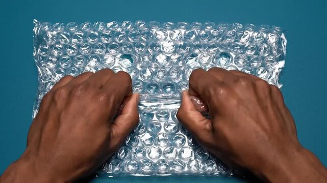Satisfying close-up view of hands popping multiple bubbles on transparent bubble wrap packaging