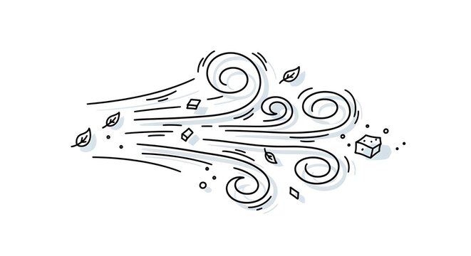 Stylized illustration of wind blowing leaves and dust particles, representing a gusty weather phenomenon with swirling air currents and scattered elements