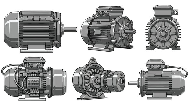 Detailed illustrations of various industrial electric motors in different orientations and views isolated on white background