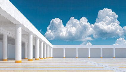Fototapeta premium A wide-angle view showcases a modern, open-air parking structure beneath a vibrant blue sky filled with fluffy white clouds, emphasizing architectural lines and a sense of spaciousness.
